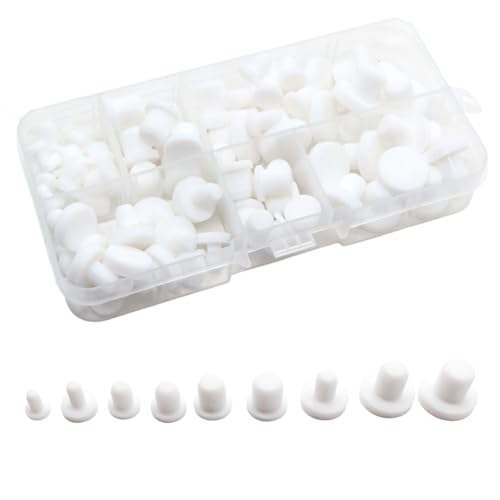100 Pcs Silicone Rubber Hole Plugs Set - 9 Sizes T-Type Black Silicone Plugs Caps for Powder Coating, Waterproof Sealing, Pipe/Test Tube Caps - Heat Resistant, Durable, Multi-Purpose (White)