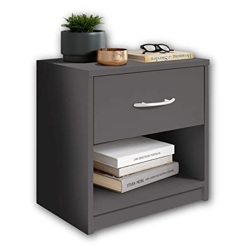 Stella Trading PEPE graphite-Table de chevet simple avec un tiroir convenant à chaque lit et chambre à coucher, Engineered Wood, 39 x 41 x 28 cm