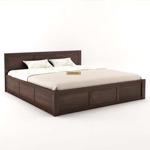 Image of Solid Sheesham Wood King Size with Hydraulic Storage | Wooden Double Bed Cot Palang Furniture for Bedroom Living Room and Home (Walnut Finish)