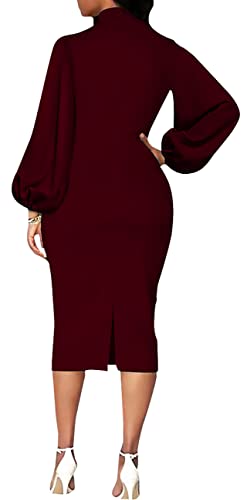 Image of Sexy Long Sleeve Dress for Women Solid Color Bow Knot Turtleneck Formal Gown Midi Casual Church Dresses