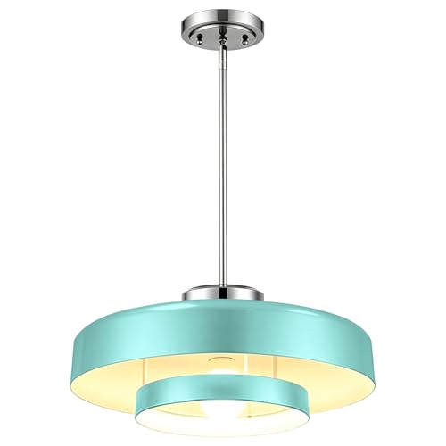 Image of Turquoise Blue 2-Tier Drum Pendant Light, 13.8 inch Adjustable Height Modern Hanging Light Fixture, Chrome Finish Metal Ceiling Lamp for Kitchen Island Dining Room Bedroom