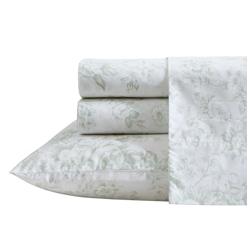 Image of Laura Ashley - Full Size Sheet Set, Crisp & Lightweight Cotton Percale Bedding with Fitted Sheet and Pillowcases, Floral Room Decor, Deep Pocket, College Dorm Room Essentials (Toile Delight Green)