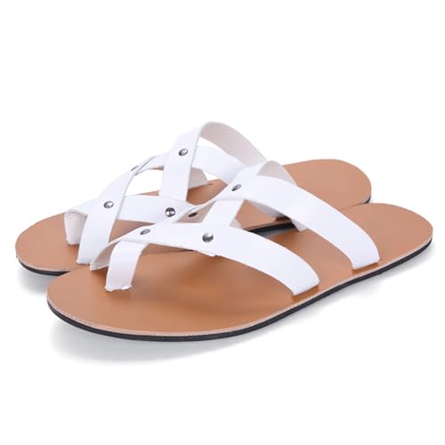 Men's Leather Toe Ring Flat Roman Sandals Fashion Breathable Round Open Toe Cross Strap Slip-On Clip-Toe Non-Slip Beach Sandals Comfortable Walking Flat Sandals