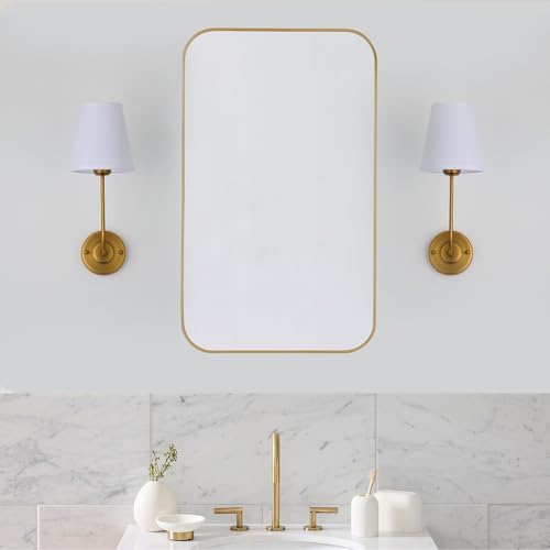 Image of Hardwired Wall Sconce Set of 2 with Flared Shape White Textile Shade Curved Arm and Antique Brass Finish Metal Base,Perfect for Bedroom Living Room Bathroom Vanity Area