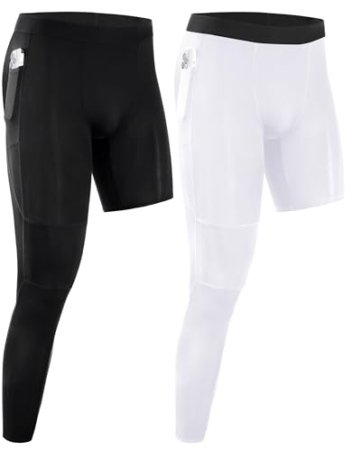 Roadbox Men's Basketball One Leg Tights, 1/2 Single Leg Compression Pants Sports Base Layer Leggings Underwear with Pockets