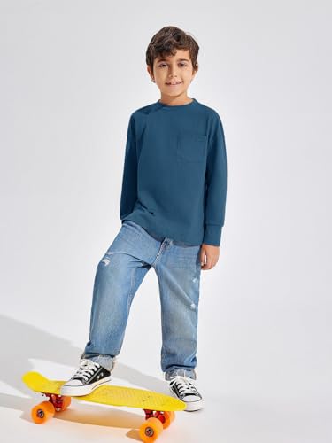 Haloumoning Boys Long Sleeve Shirts Kids Fashion Crewneck Side Slit Tops Tees with Pocket 5-14 Years4