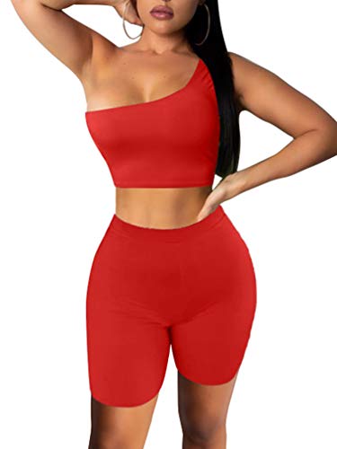 LAGSHIAN Women\'s Sexy 2 Pieces Outfit One Shoulder Crop Top Short Pants Bodycon Sets red