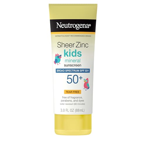 Neutrogena Sheer Zinc Oxide Kids Mineral Sunscreen Lotion, Broad Spectrum SPF 50+ with UVA/UVB Protection, Water-Resistant for 80 Minutes, Paraben-, Dye-, Fragrance- & Tear Free, 3 fl. oz