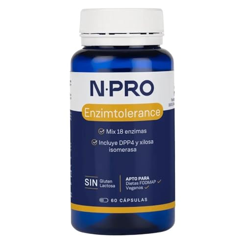 NPro SALUD INTESTINAL Enzimtolerance 60 Cápsulas – Suplemento con 18 Enzimas Digestivas, DPP4 y Xilosa Isomerasa - Mejora la Digestión de Gluten, Lactosa, Proteínas, Carbohidratos y Fibra Vegetal