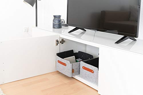 Miqio® Design Aufbewahrungsbox aus Filz mit Ledergriff | hochwertiger Korb aus Filz | Filzbox mit Echtleder Griffen | Regalkorb | hellgrau | Filzkorb 4er Set