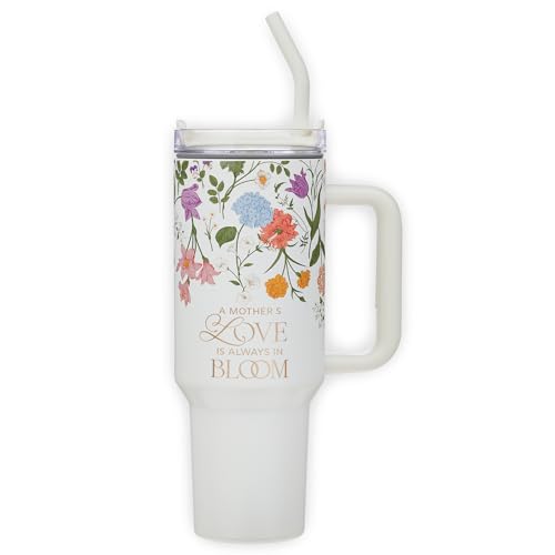 Image of Christian Art Gifts Large Stainless Steel Insulated Travel Mug Tumbler for Women: A Mother's Love Inspirational Scripture, Sturdy Handle, Reusable Straw, Flip Lid, White Multicolor Floral, 18 oz.