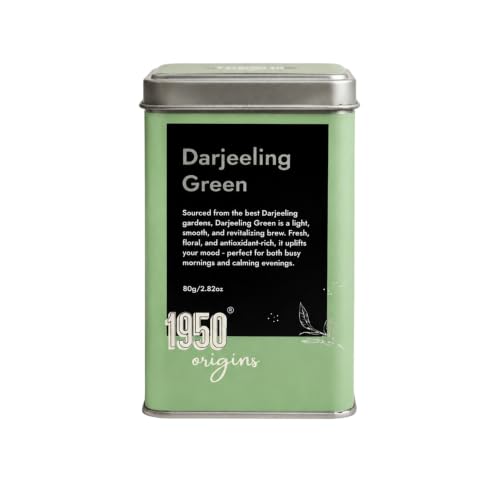Image of 1950 Origins Darjeeling Green | Premium Green Tea | Darjeeling First Flush Loose Leaf | 100% Pure Long Leaf Tea | Light & Refreshing | 80g Tin Caddy