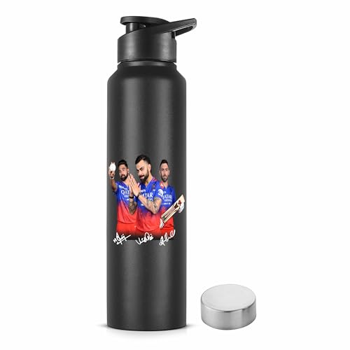 Go24 pexpo Water Bottle 1 ltr Stainless Steel Sports/Fridge Bottle with Dual Cap | Single Wall | For Home, Office, Gym, Travelling | Lightweight | BPA Free | Chromo 950ml |Knight Black Uv-Carry Half 2