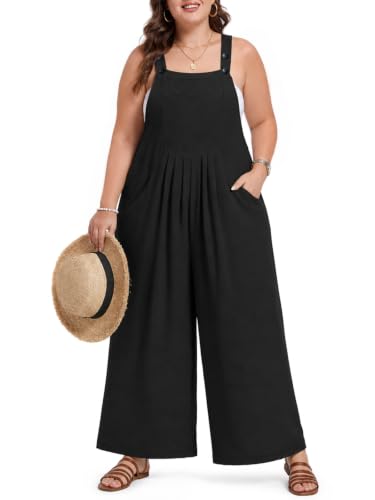 Moon Wood Plus Size Jumpsuit Overalls for Women Summer Bib Rompers Adjustable Straps Wide Leg Loose Fit with Pockets