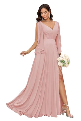 Image of HUUTOE Ruffle Sleeve Chiffon Light Dusty Rose Long Bridesmaid Dress with Slit V Neck A-Line Formal Summer Wedding Guest Dresses for Women XL US14