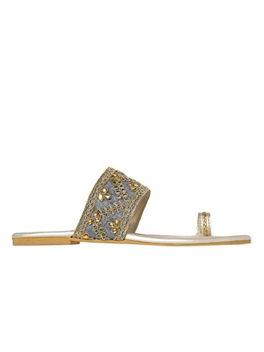 Marc Loire Women's Grey Embroidered Slip On Flip Flop Ethnic Flats Chappal