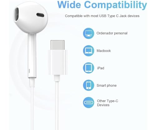 Image of Type C Wired Earphones with HD Mic, 14.2mm Driver for Powerful Bass, Anti-Tangle TPE Wire, Ergonomic in-Ear Headphones for iPhone 16 /15 Pro Max, Samsung S24 /S23 Ultra, Pixel & iPad - White