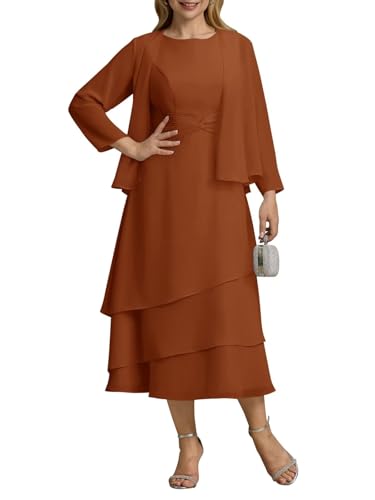 Basgute Women's 2 Piece Tea Length Mother of The Bride Dresses with Jacket 2025 Chiffon Pleated Formal Evening Gown