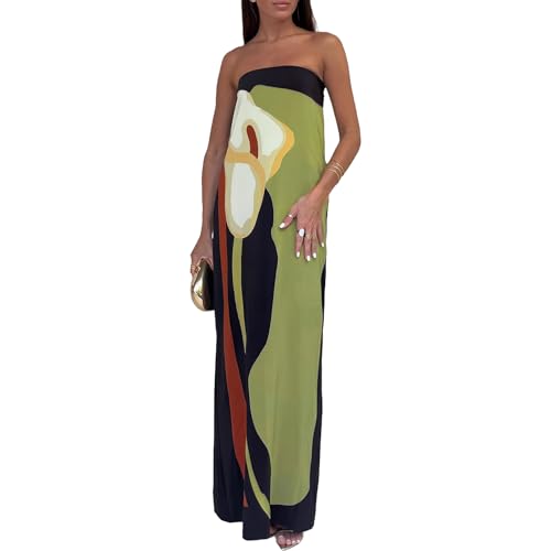 Image of Zwirelz Women Strapless Maxi Dress Boho Floral Print Flowy Long Tube Dress Off Shoulder Loose Beach Sundress