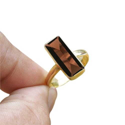 14K Yellow Gold Overlay 925 Sterling Silver Ring For Womens Natural Smoky Quartz Ring Sterling Silver Engagement Ring Bezel Set Gemstone Bar Ring