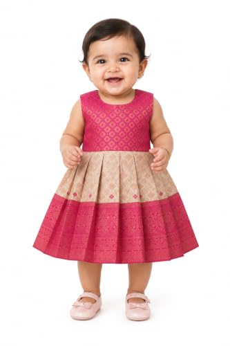 Image of South Indian Traditional Pattu Pavadai Jacquard Frock Dress for Baby Girls