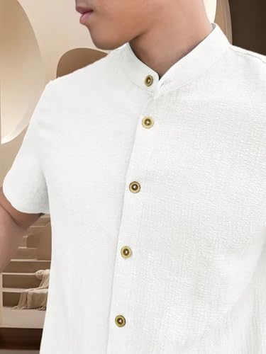 Image of Men's Solid Textured Half Sleeve Shirt with Stylish Buttons | Band Collar Casual Shirt for Summer Wear