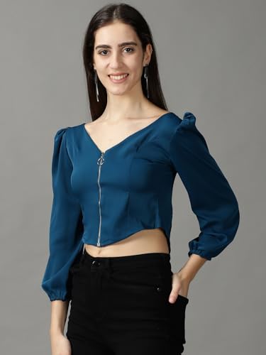 Image of SHOWOFFFF Women Solid Casual Top | V Neck Full Sleeves Crepe Top's for Womens | Regular Fit Regular Length Tops for Women's