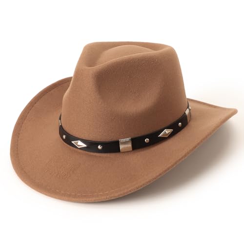 Image of DRESHOW Cowboy Hat for Women and Men Western Felt Cowboy Cowgirl Hat Wide Brim Belt Buckle Retro Fedora Hats Unisex Caps