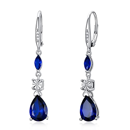 1/20cttw Natural Diamonds and Sapphire Dangle Earrings in Sterling Silver,Hoop Earrings with Diamonds for Women(G-H Color, I2-I3 Clarity) - Main Image
