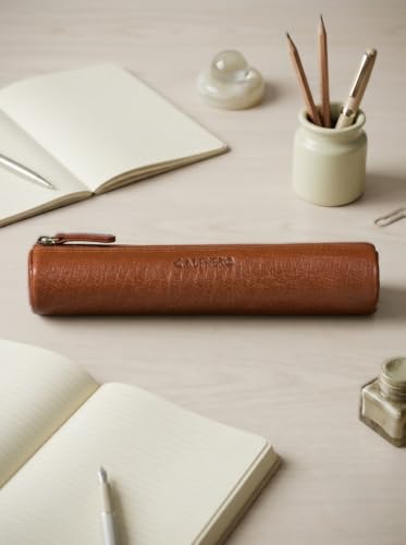 Image of Calfnero Genuine Leather Pen-Case for Men & Women | Premium Leather Pencil-Pouch with Zipper (Tan) | Cylindrical Pen-Holder Organizer for Pen, Pencils & Stationery | Unisex Pen-Sleeve