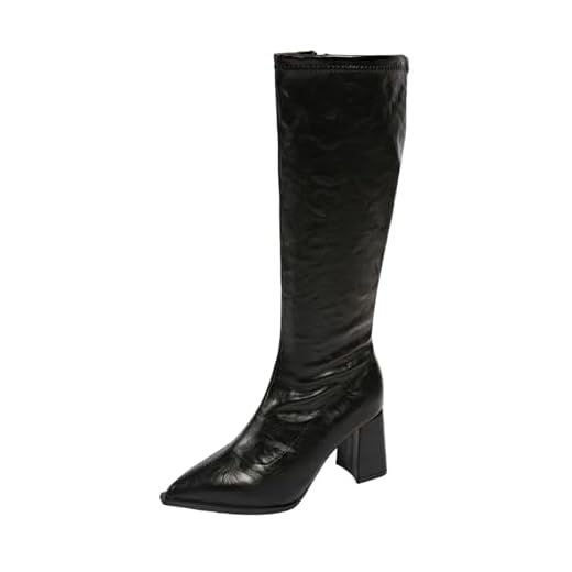 Botas femininas de bico fino, cano alto, salto grosso, com zíper lateral, moderno, casual, outono, inverno, confortável, para caminhada, cabedal de poliuretano, Preto, 34