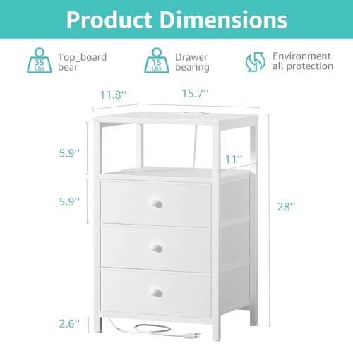 Image of BOLUO White Night Stand with 3 Fabric Drawers, Nightstand with Charging Station LED Nightstand for Bedroom, Bedside Table with USB Ports and Outlets Modern