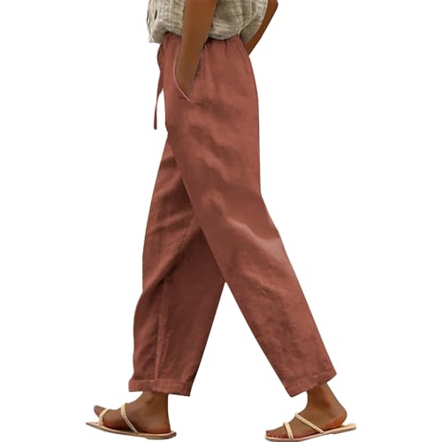 Pantalon en lin femme à jambe droite et taille élastique à cordon