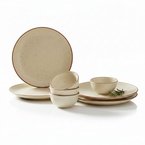 Image of Freakway Cream Matte Finish Handcrafted Dinner Set Ceramic Stoneware Dinner Set of 8 Pieces | 4 Dinner Plates & 4 Serving Bowl | Dishwasher & Microwave Safe - Off White