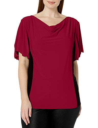 Star Vixen Women's Draped Neckline Slimming Flutter Sleeve Top, Burgundy/Black, Petite/Large