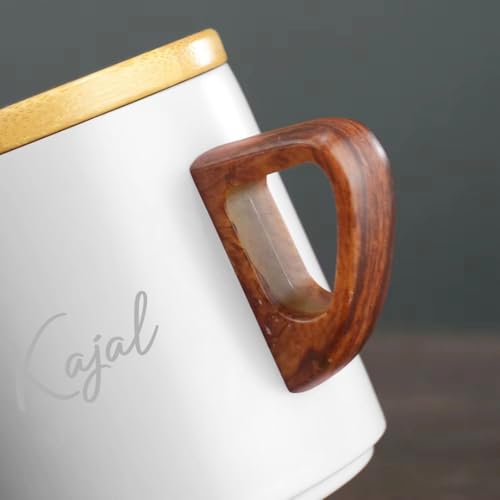 Image of Giftana Personalized Coffee Mug with Lid, Customized Tea Mug with Handle & Wooden Saucer, 250ml Coffee Cup for Home & Office, Rakhi Gift for Sister, Personalized Gift for Sister, Birthday Gift (White)