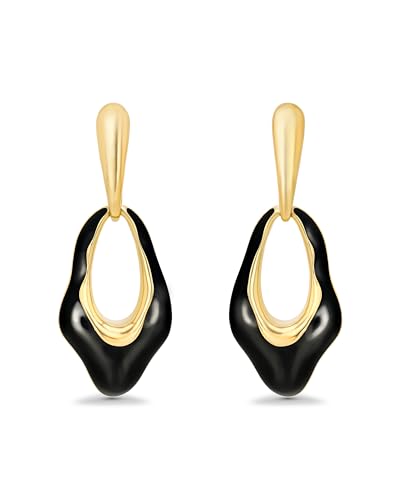 Small Oval Dangle Irregular Gold Black Enamel Resin Hoops Statement Earrings for Women by SNGIA, Bold Drop Handmade Exaggerated Trendy Bohemian Flower Jewelry Gifts, Unique Teardrop Baroque Summer Beach Floral Fashion Earrings Accessories, Vintage Nickle Free Huggies Earrings.