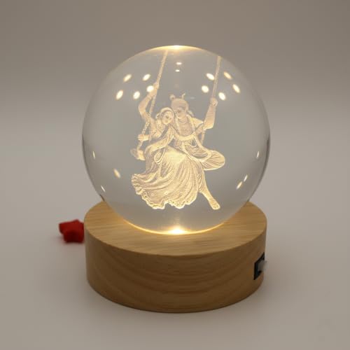 Image of 3D Radha Krishna Swing Crystal Ball LED Night Lamp, Spiritual Engraved Design with Wooden Base, Decorative Night Light for Home Mandir, Gift (Radha Krishna Swing)