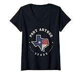 Womens Vintage Port Arthur Texas State Flag Map Souvenir Gift V-Neck T-Shirt