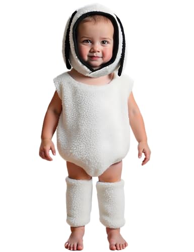 Canis Infant Baby Girls Toddler Halloween Lamb Costume Sleeveless Fleece Sheep Romper and Leg Warmers Outfit Set + Hat (Beige 6-12 Months)
