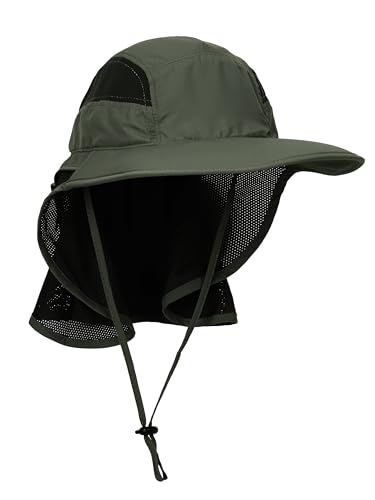 Unisex Gorra de Safari con Extra Largo Protector de Nuca 12cm Gran Borde para Actividades al Aire Libre Sol Protección UV - Verde Militar