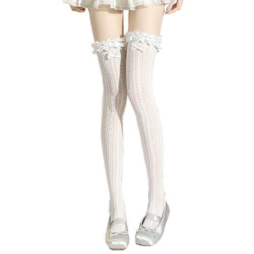Image of Thigh High Stockings with Bow, Santa Accessory Y2K Fishnet Socks with Lace Brim Lingerie Tights for Women
