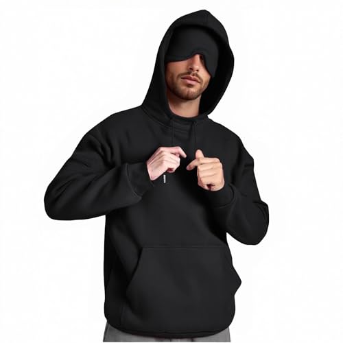 Mens Hoodie Built in Eye Mask Long Sleeve Sleep Hooded Sweatshirt Cozy Oversized Airplane Hoodie with Eye Mask - Main Image