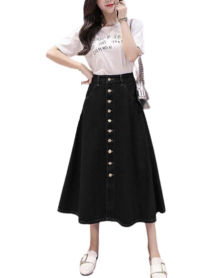 Women Denim Maxi Length A line Skirt with Utility Pocket Casual Jean Skirt for Everyday Wear-picture-37