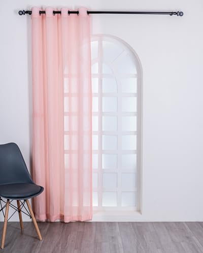 Image of (5 ft) Cotton Linen Fabric Window Curtain | Leaf Design Eyelet Window Curtain For Home | Fabric Foiling Window Curtain (Pink) | Vintage Print | For Home | ( Pack of 1) | 152 L x 121 W centimeters