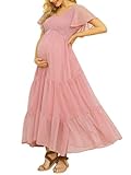 Diseño impresionante: El vestido largo de maternidad con mangas con volantes y lunares suizos puede convertir cualquier día en uno bueno. Con dobladillo largo con volantes y mangas con volantes, seguro que llamará la atención.