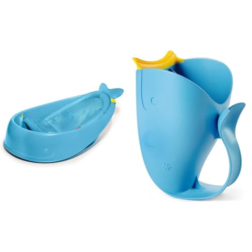 Image of Skip Hop Baby Bath Tub, 3-Stage Smart Sling Tub, Moby, Blue & Baby Bath Rinse Cup, Moby Tear-Free Waterfall Rinser, Blue