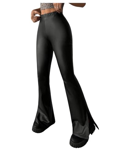 MakeMeChic Women's Faux Leather Flared Pants Party High Waisted Leather Pants Bell Bottom