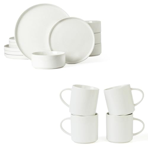 Famiware Nebula Plates and Bowls Set with Coffee Mugs Set, 16 Pieces Dinnerware Sets, White