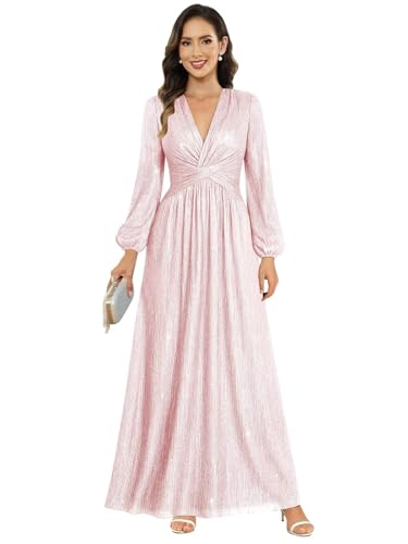 Image of Women's Formal Wedding Guest V Neck Glitter Sequins Mother of The Bride Dresses Long Sleeve